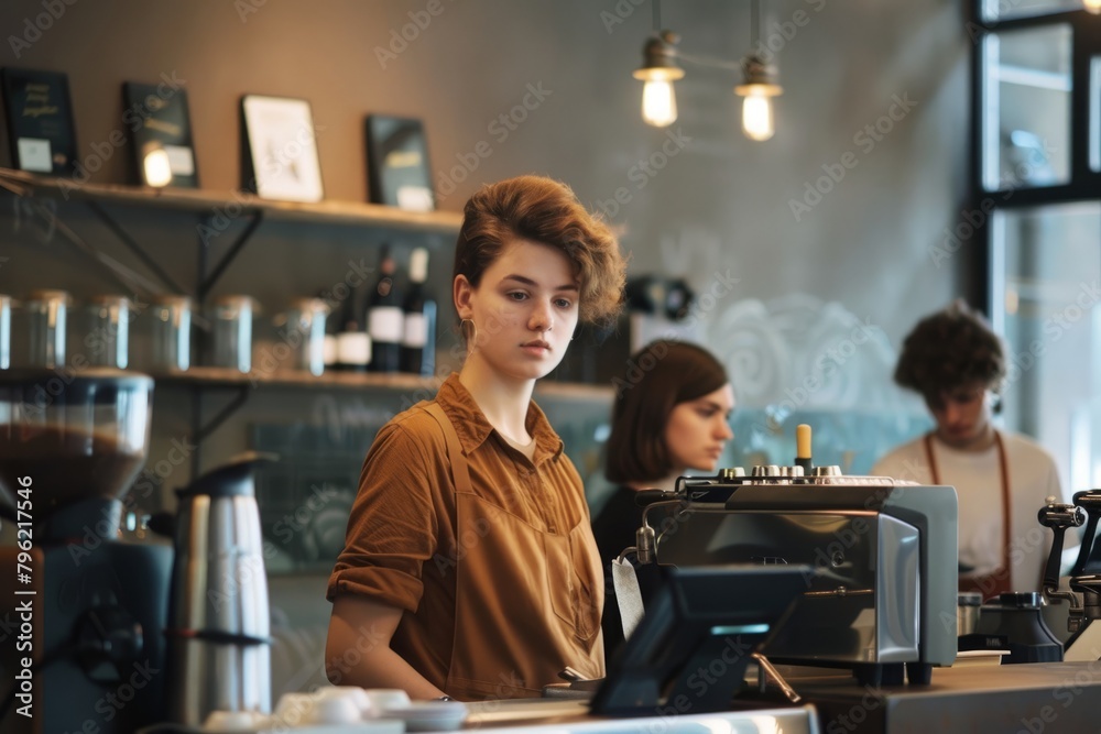 Cafe saleswoman, comfortable in the cafe playing mobile phone women Cafe saleswoman, comfortable in the cafe playing mobile phone women