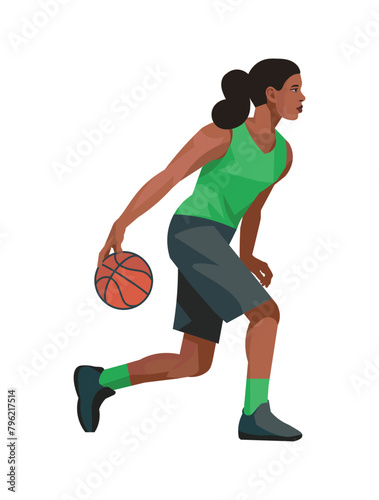 Black women's basketball girl player in a green jersey standing in profile preparing to throw the ball