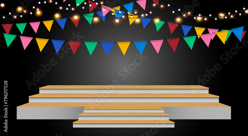 wooden stage with colorful flags and hanging light in the dark room