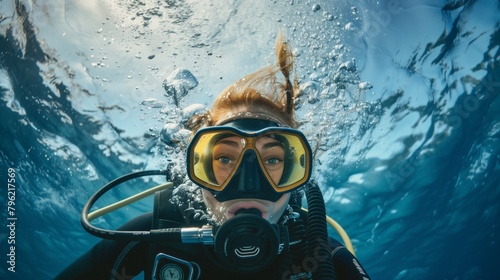 Close-up of a female scuba diver submerged in water, looking at the camera with a calm expression.