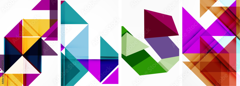 A collection of vibrant triangles in shades of purple and magenta on a white background, showcasing creative art and symmetry in geometric shapes A collection of vibrant triangles in shades of purple and magenta on a white background, showcasing creative art and symmetry in geometric shapes