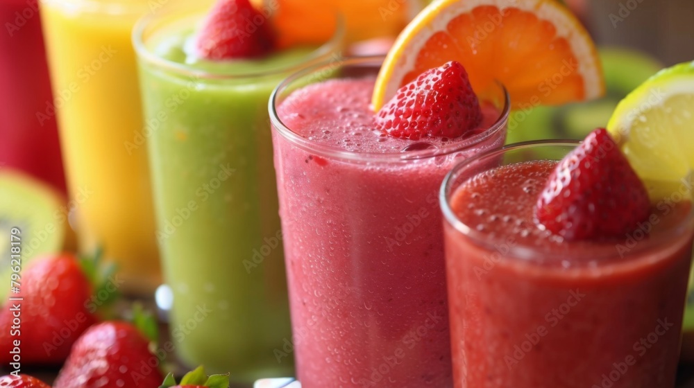An array of fruit smoothies in glasses, capturing the essence of freshness and vitality An array of fruit smoothies in glasses, capturing the essence of freshness and vitality