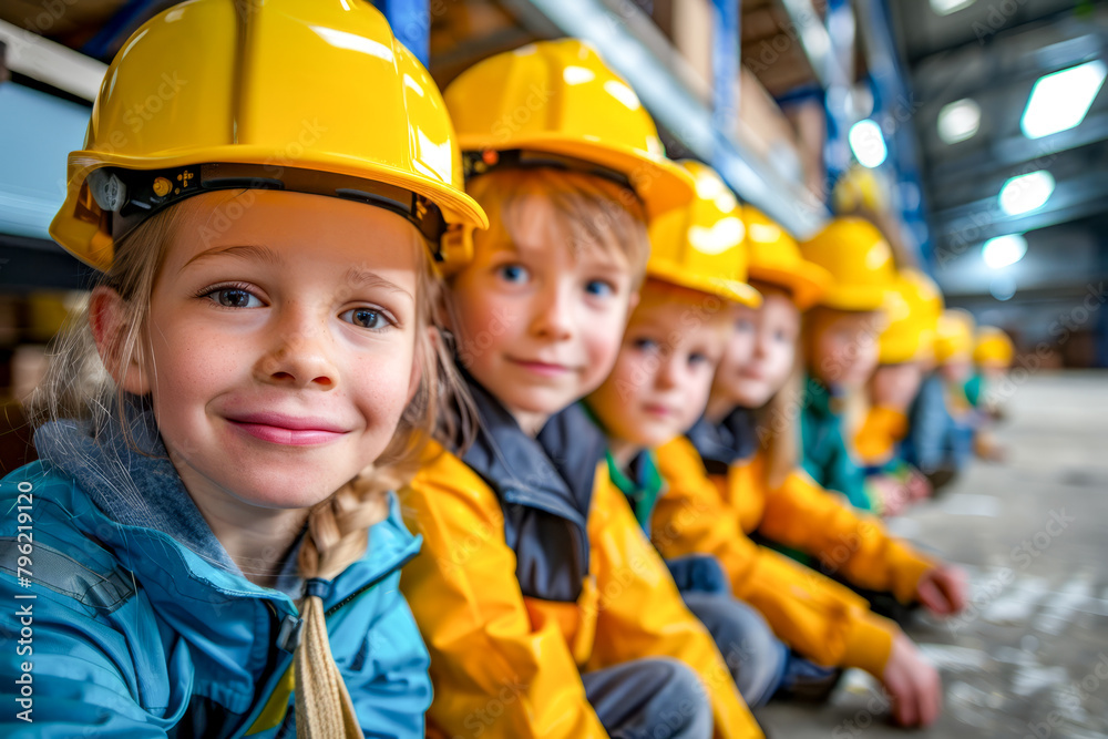 Group of children in hard hats sitting on bench in factory. Group of children in hard hats sitting on bench in factory.