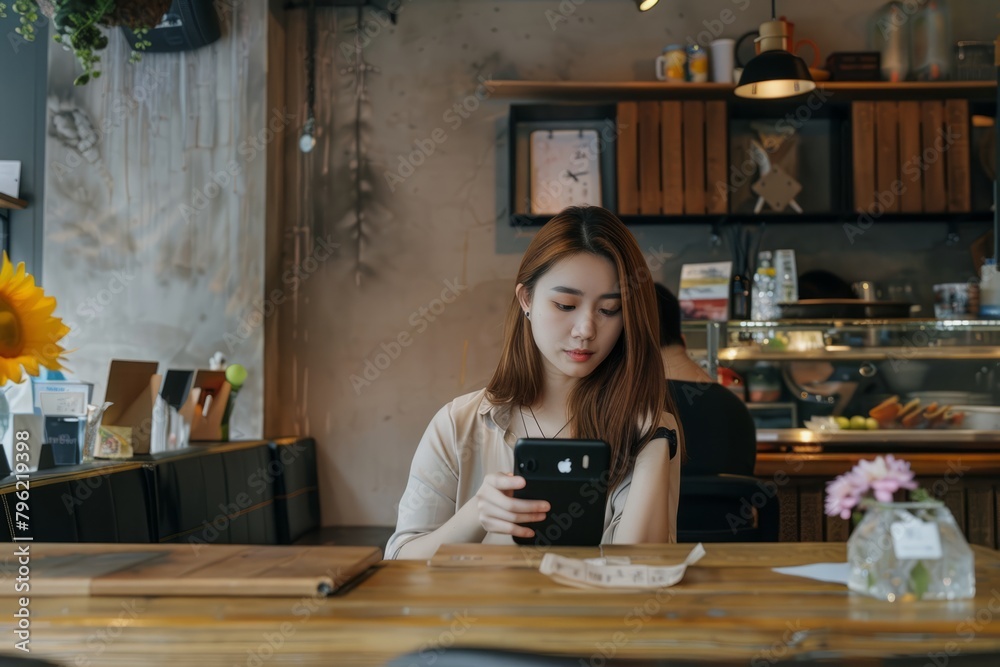 Cafe saleswoman, comfortable in the cafe playing mobile phone women Cafe saleswoman, comfortable in the cafe playing mobile phone women