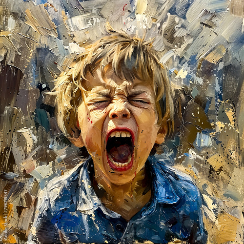 Painting of young boy with his mouth open and his tongue out.