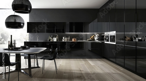 Luxurious cozy kitchen in black with furniture and kitchen utensils