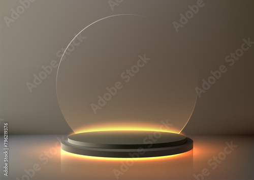 3D empty stage black color circle podium with circle transperent glass backdrop in the center with neon lighting of a soft background in minimal style photo