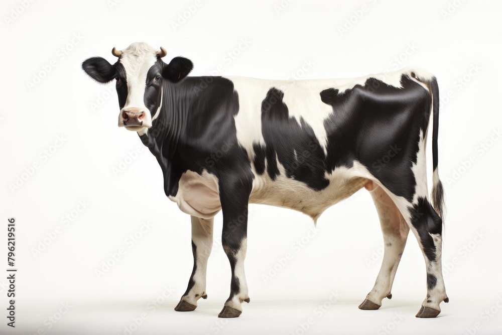 A photo of a cow standing on a white background.