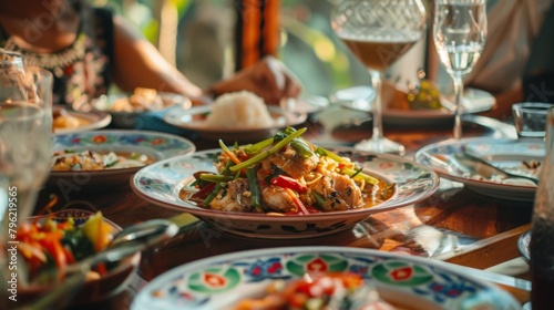 An elegant Thai dinner setting with ornate dishes of seafood curry, stir-fried vegetables, and crispy fish