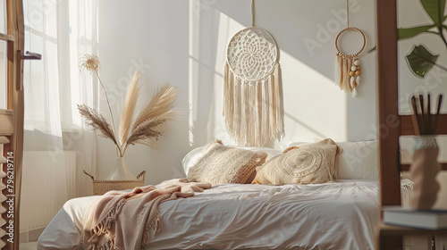 A dream catcher gracefully suspended above the bed in the bedroom, embodying its dual purpose as both a decorative element and a symbol of harmony