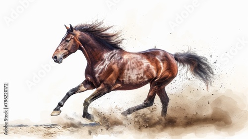 watercolor brown horse galloping in dust, white background © wanna