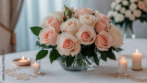 White bouquet with Pink roses on a wedding table decorated with white tablecloth