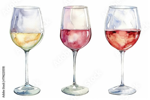 Watercolor Wine Glass Set. Collection of Rose, White, and Red Wine Glasses on Isolated Background.