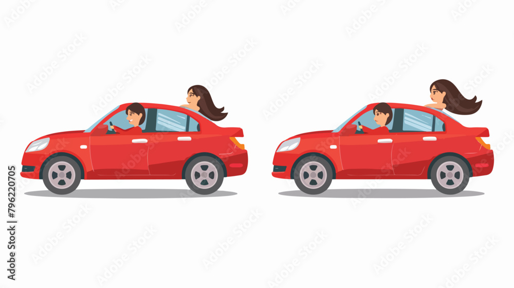 Long haired brunette woman driving red sedan car.