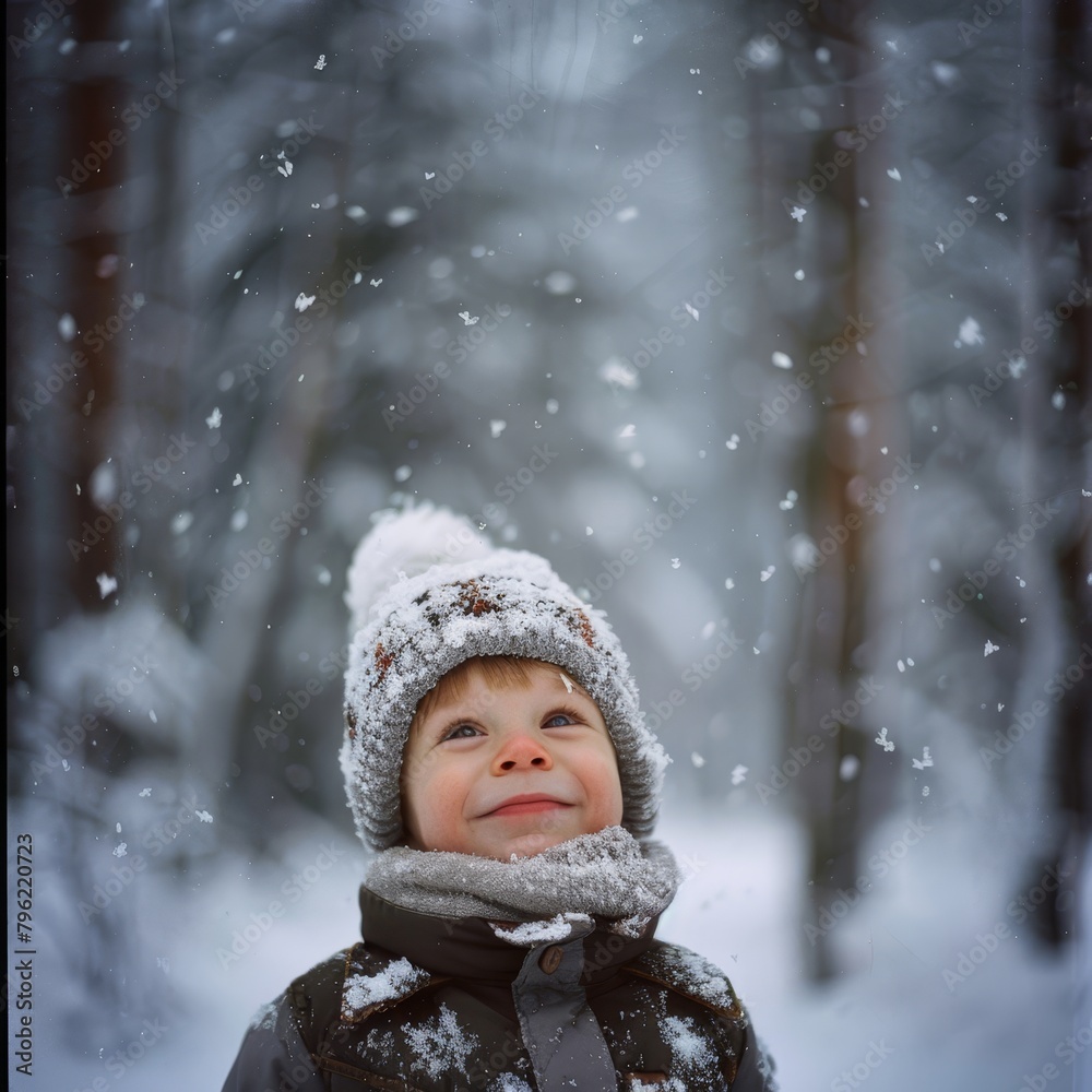 A Scandinavian child in a snow-covered landscape, the wintry forest softly blurred behind his joyful expression A Scandinavian child in a snow-covered landscape, the wintry forest softly blurred behind his joyful expression