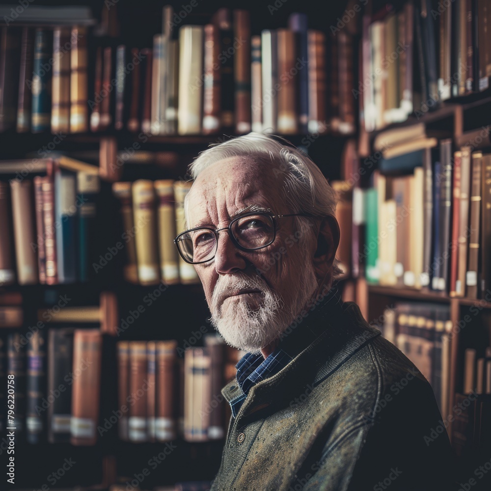 A senior Caucasian man in a library, shelves of books fading into soft focus behind his knowledgeable gaze A senior Caucasian man in a library, shelves of books fading into soft focus behind his knowledgeable gaze