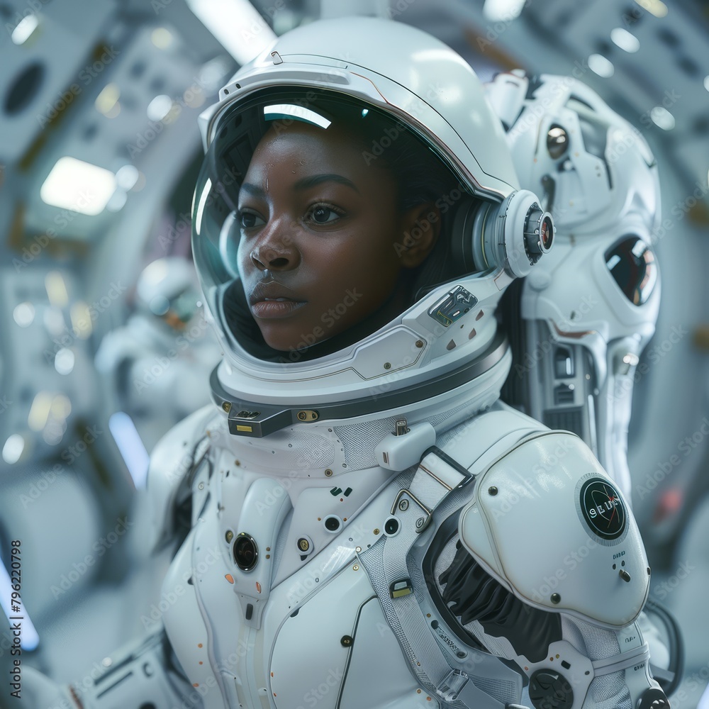 A Black female astronaut with a spacecraft interior blurred behind her, capturing her proud expression in her suit A Black female astronaut with a spacecraft interior blurred behind her, capturing her proud expression in her suit