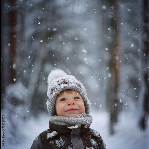 A Scandinavian child in a snow-covered landscape, the wintry forest softly blurred behind his joyful expression