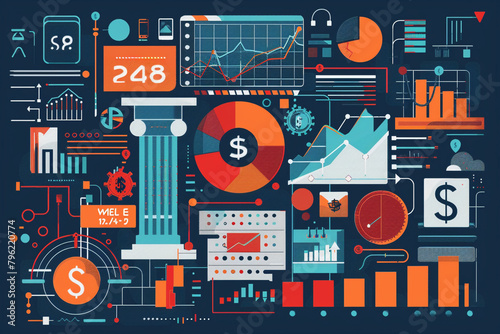 Vector Illustration of Financial Technology Icons, Money, Tech Objects, and Digital Innovation