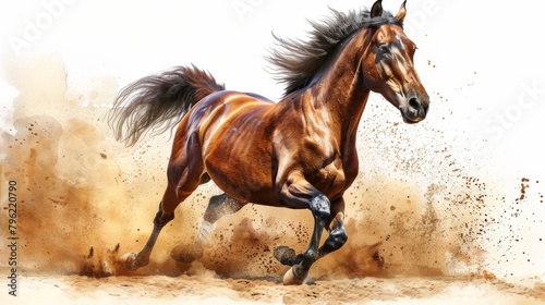 watercolor brown horse galloping in dust, white background