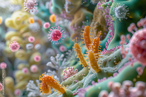 Intricate landscape of digestive bacteria, clear background