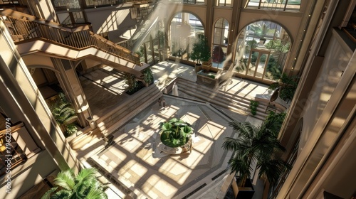 Hotel atrium with grand staircase and natural light flow. Arthouse, interior, rich and presentable appearance, foyer, marble, hostel. Advertising image concept for hotels. Generative by AI