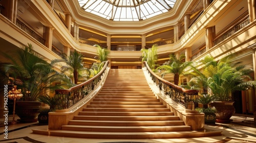 Hotel atrium with grand staircase and natural light flow. Arthouse  interior  rich and presentable appearance  foyer  marble  hostel. Advertising image concept for hotels. Generative by AI