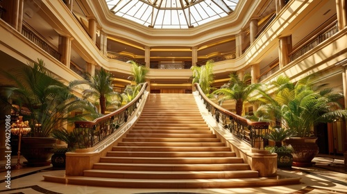 Hotel atrium with grand staircase and natural light flow. Arthouse, interior, rich and presentable appearance, foyer, marble, hostel. Advertising image concept for hotels. Generative by AI