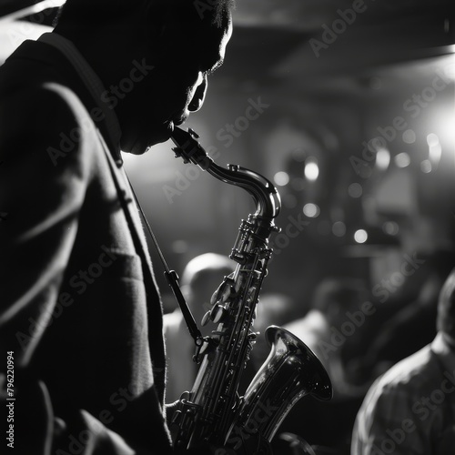 An American jazz musician in a club, his saxophone and the intimate audience blurred behind his cool demeanor