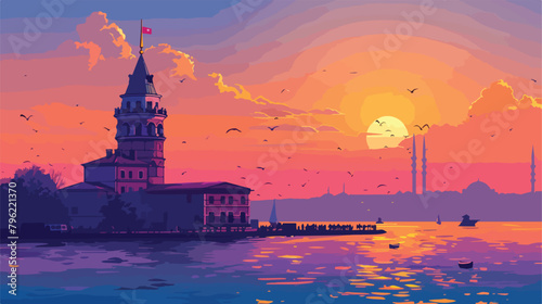 Maidens Tower at sunset in Istanbul Turkey. Vew of Bo