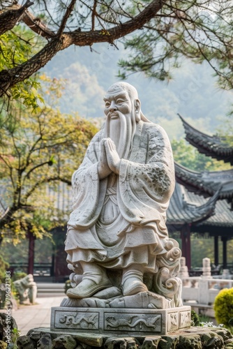 Confucius  the Famous Philosopher  A Statue of the Great Sage in a Beautiful Garden Setting