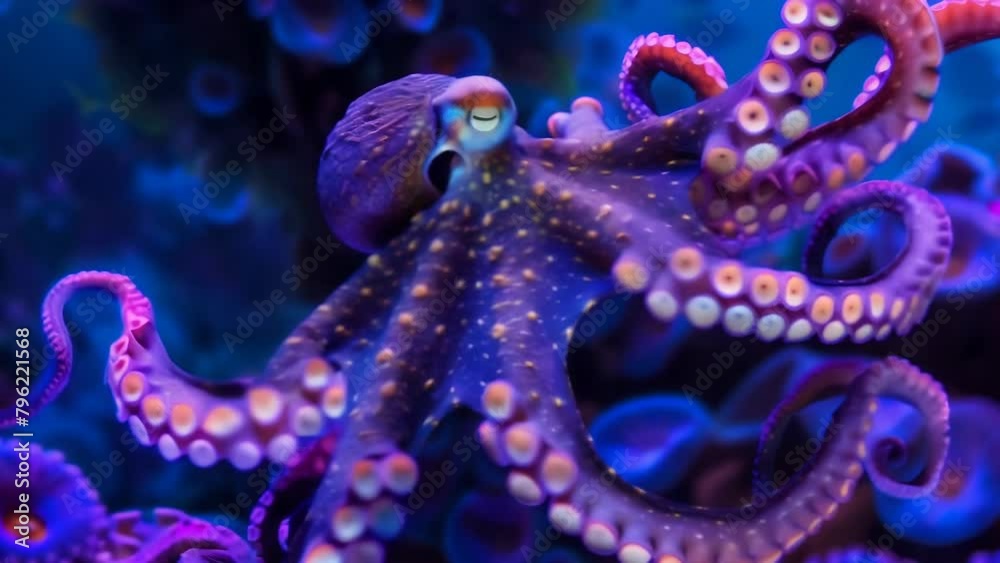 Striking purple octopus rests gracefully among glowing indigo coral structures adorned with intricate bioluminescent organisms, creating an otherworldly yet serene deep sea scene.

