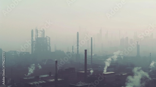 An industrial area shrouded in haze and smog  depicting the consequences of unchecked air pollution