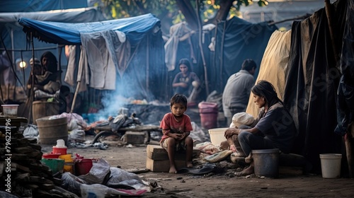 An impoverished family lives in temporary shelter on street. South, poverty, devastation, tents, garbage everywhere, not life but survival. Poverty in third world countries concept. Generative by AI