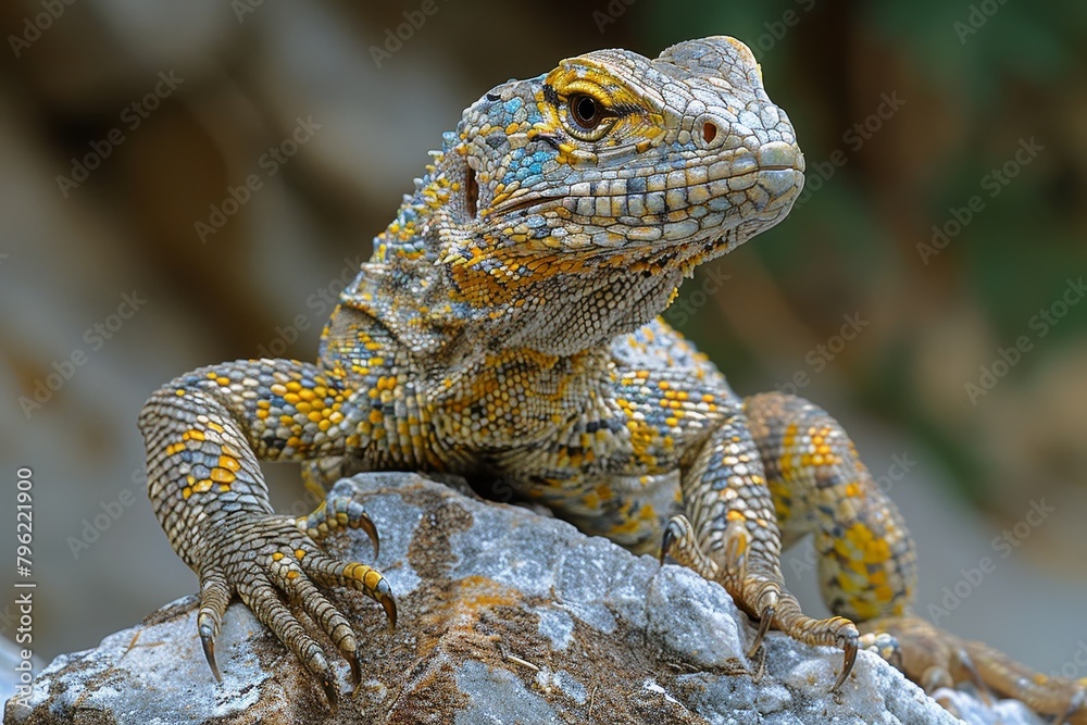 Monitor Lizard: Climbing on rocks with textured skin, depicting its terrestrial habitat. - obrazy, fototapety, plakaty 