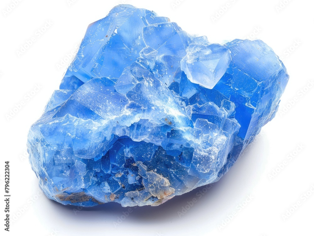 Rough Natural Blue Chalcedony Gemstone. Precious Stone Isolated on White Background