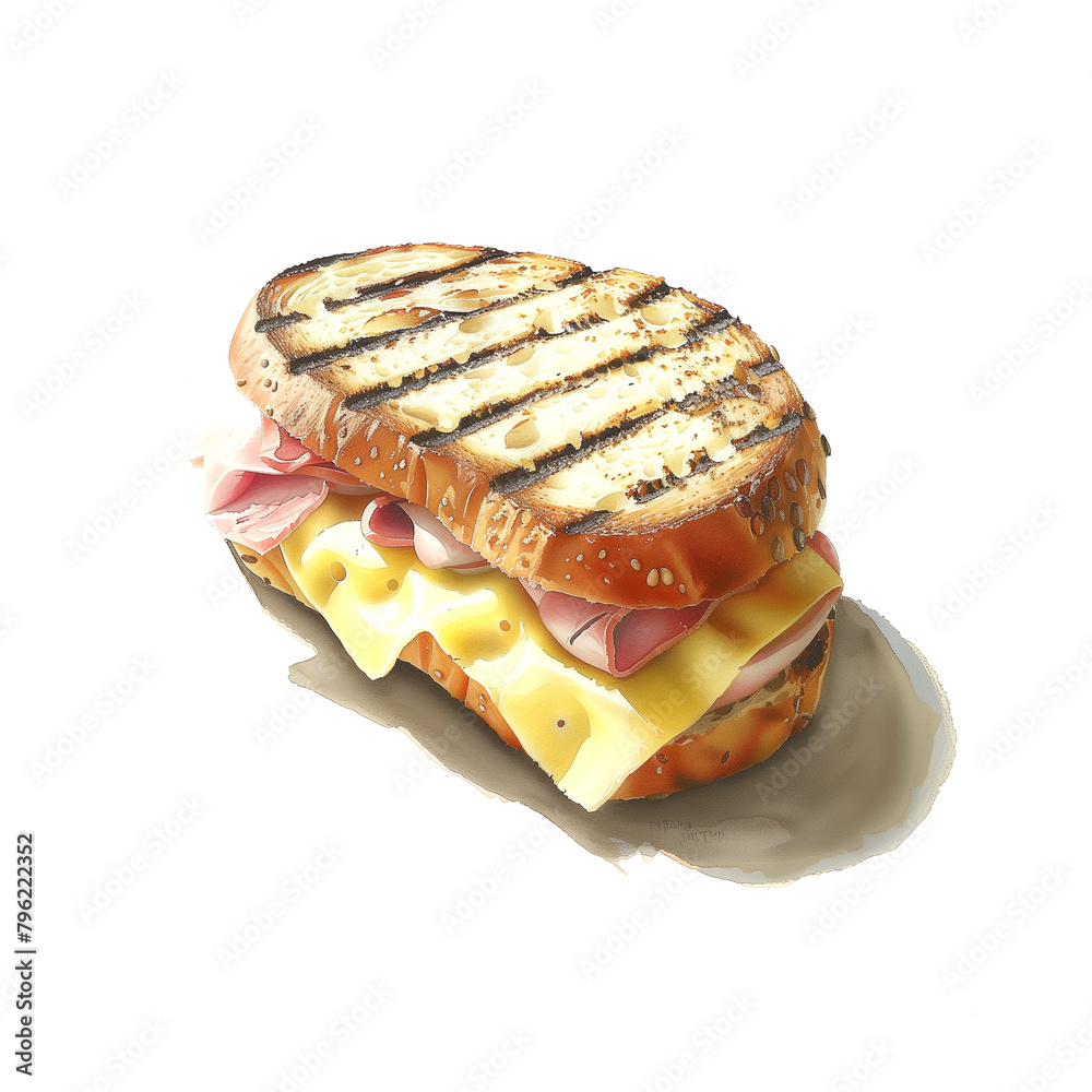 Watercolor illustration of panini with cheese and ham on white background - obrazy, fototapety, plakaty 