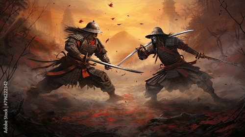 Legendary samurai duel between two skilled warriors. Painting in Japanese style, sword fighting. Japanese aesthetics, plate armor, affair of honor. Battle concept. Generative by AI