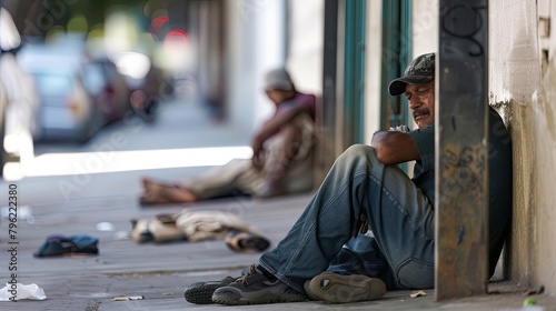 Low-wage workers face challenges of poverty despite working. Lonely poor man in a crowded city. Poverty, sadness, cityscape, man with a package, benefits. Generative by AI