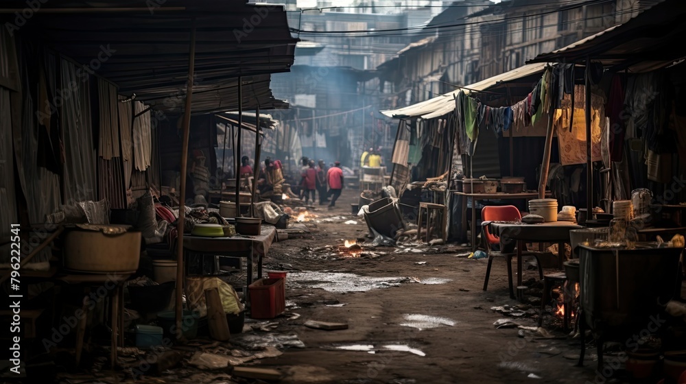 Makeshift housing in slums with overcrowded living quarters. South, poverty, devastation, garbage everywhere, not life, but survival. The concept of poverty in third world countries. Generative by AI