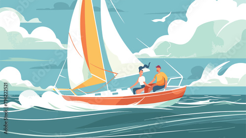 Man and woman are sailing in a boat. Vector flat illustration