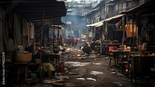 Makeshift housing in slums with overcrowded living quarters. South, poverty, devastation, garbage everywhere, not life, but survival. The concept of poverty in third world countries. Generative by AI photo