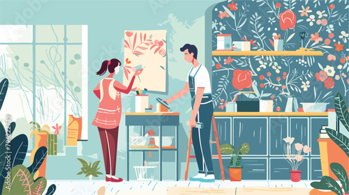 Man and woman glues wallpaper at home. Vector flat style