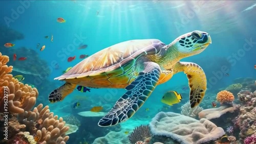Sea Turtle Swims Gracefully in a Beautiful Vibrant Sea photo