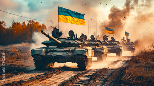 Group of tanks driving down dirt road with flag flying in the background. photo