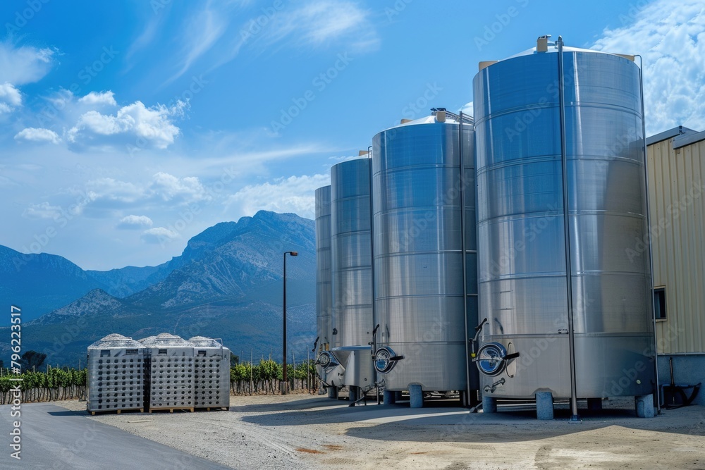 Winery Fermenting Vats. Modern Wine Tank in Clear Steel for Grape Fermentation and Ageing, Outdoors