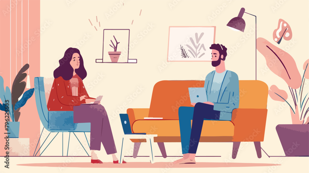 Man and woman talking by videochat. Vector flat style