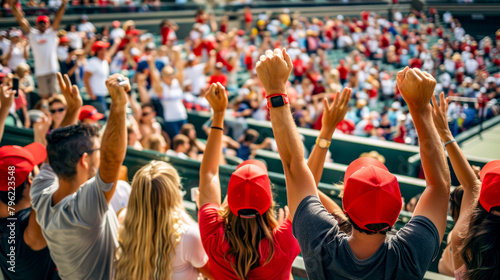 Group of people raising their hands in the air at baseball game.