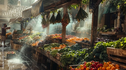 An outdoor market stall with fresh produce glistening under a fine mist of water, inviting customers to taste the freshness