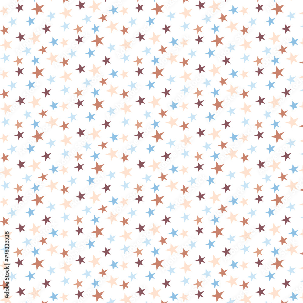 Seamless pattern of small stars in pastel brown and blue, on a white background. It is a flat vector illustration with simple shapes in the cute, kid's style.
Seamless pattern of small stars in pastel brown and blue, on a white background. It is a flat vector illustration with simple shapes in the cute, kid's style.